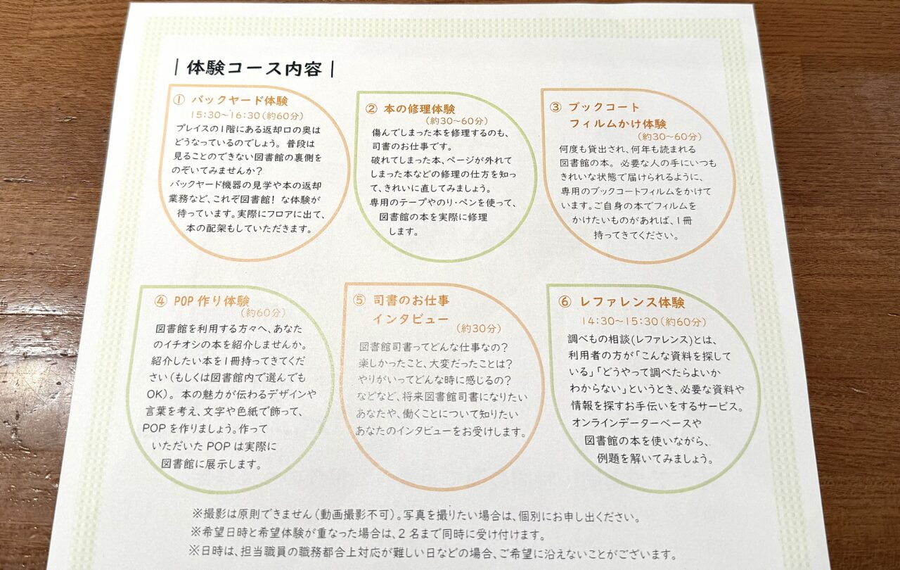 ちょこっと司書体験でできるコース内容です