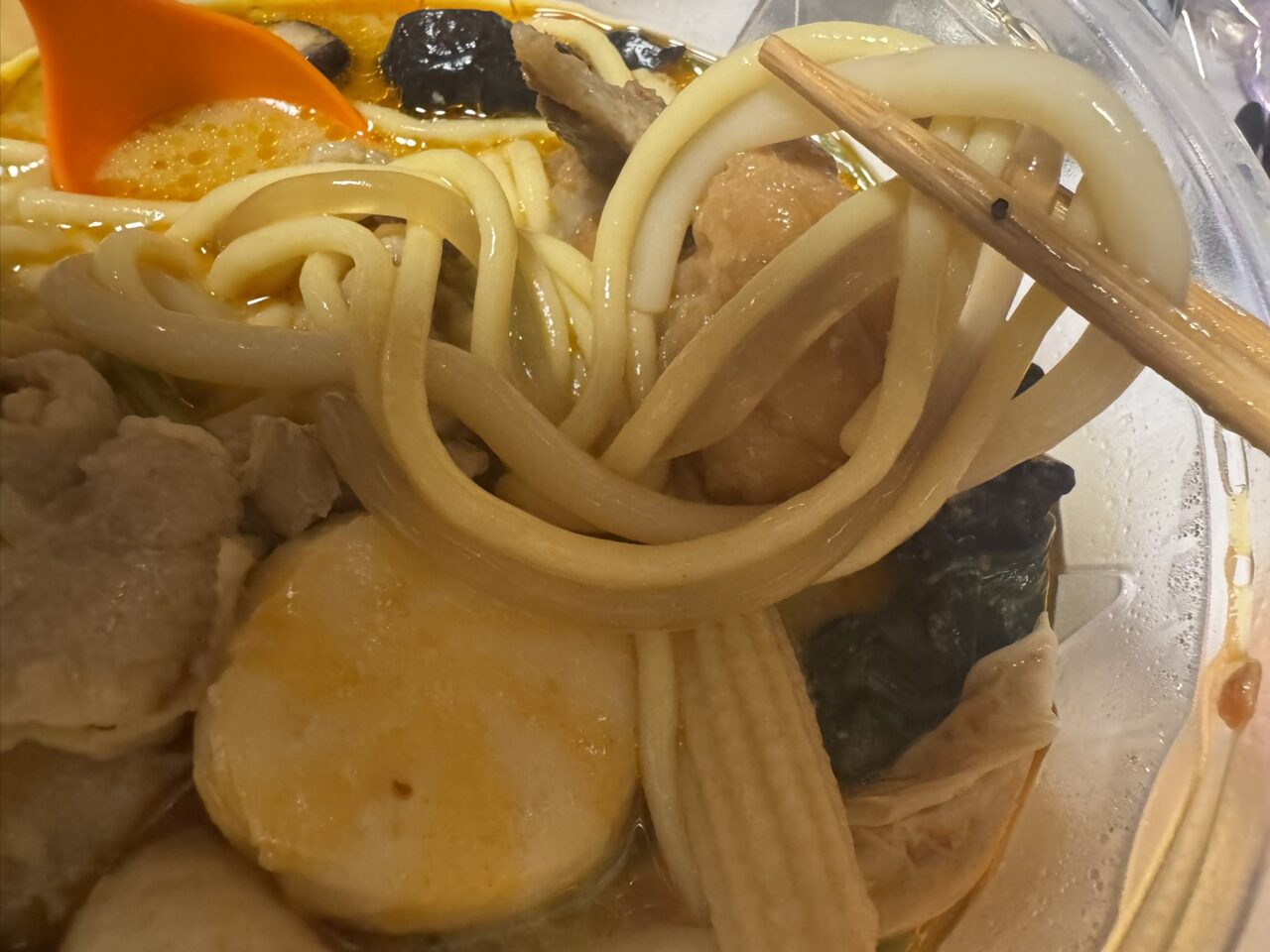 箸で持ち上げたもちもちの麺とトッピング具材