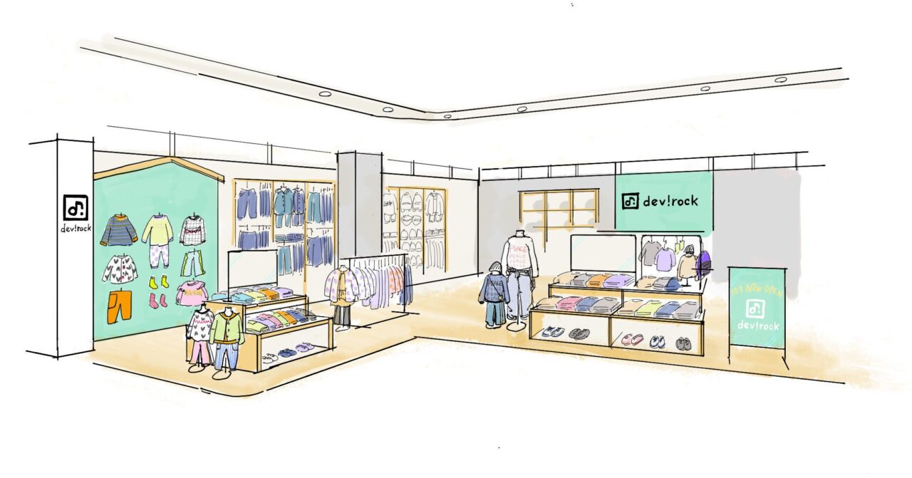 コピス吉祥寺B館5階に出店する子ども服devirockの明るい店内イメージイラスト