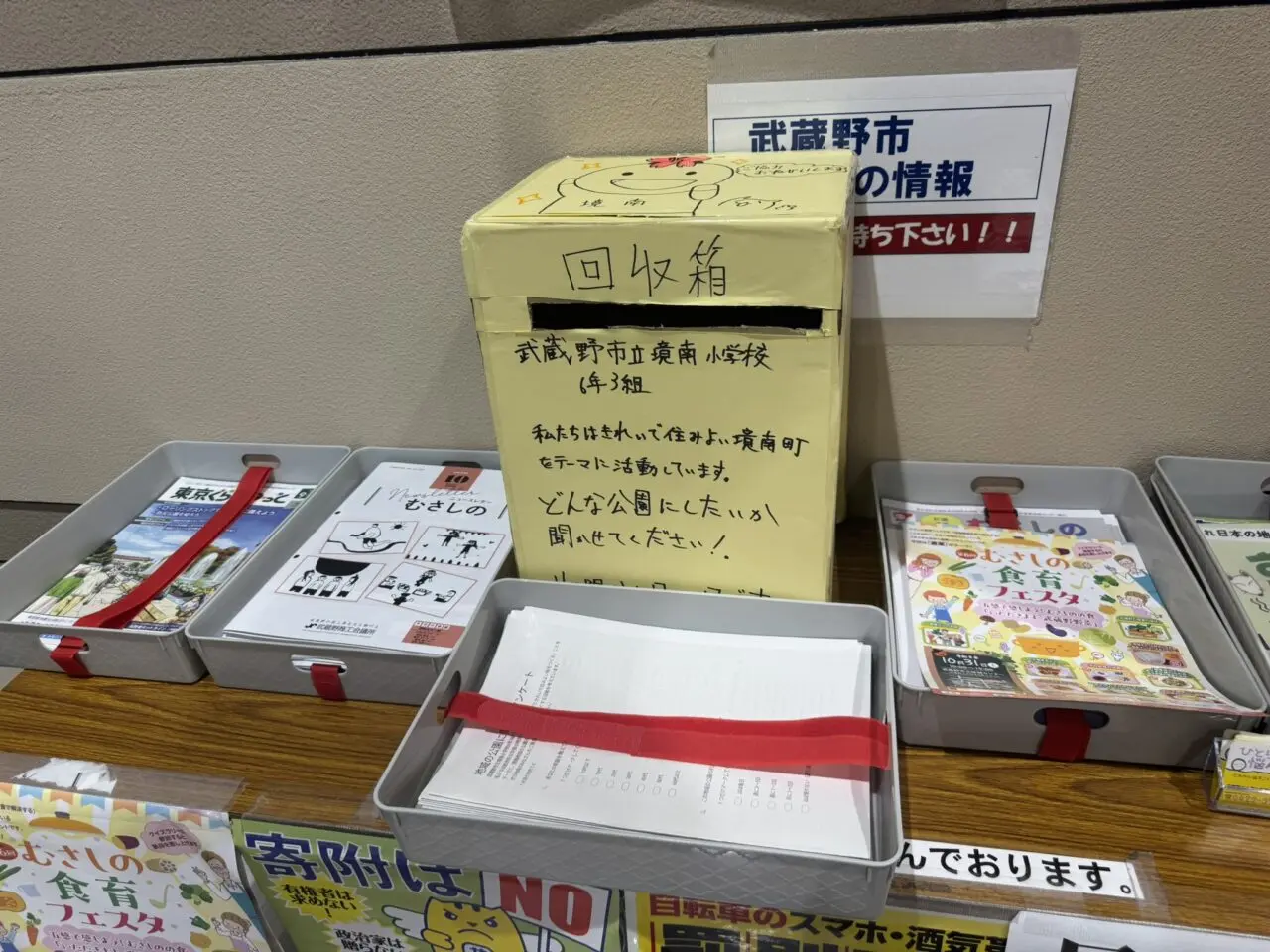イトーヨーカドー武蔵境店の情報コーナーに設置された、武蔵野市立境南小学校6年3組の手作りアンケート回収箱と回答用紙