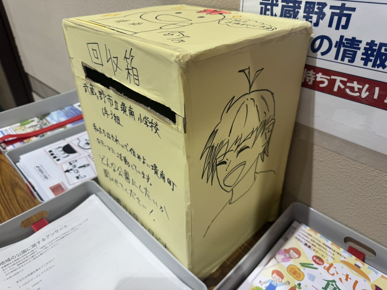 手作りアンケート回収箱の上面。頭に花をつけた笑顔のキャラクターと「ご協力おねがいします」の手書き吹き出しが描かれている