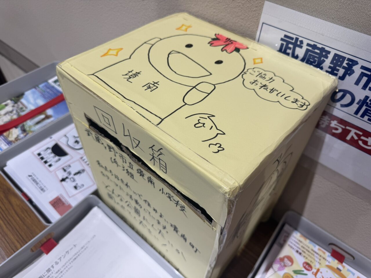 手作りアンケート回収箱の側面。笑顔の男の子のイラストが手描きされた温かみのある黄色いボックス